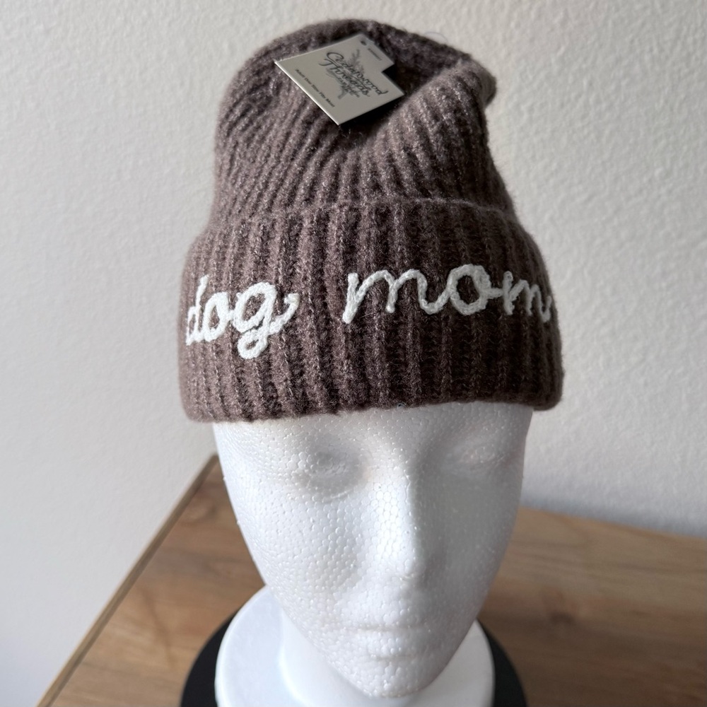 NWT Embroidered Dog Mom brown knit beanie